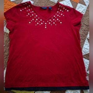 Karen Scott Red Short Sleeve Metal Stars And Dots Embellished Women's Med Cotton